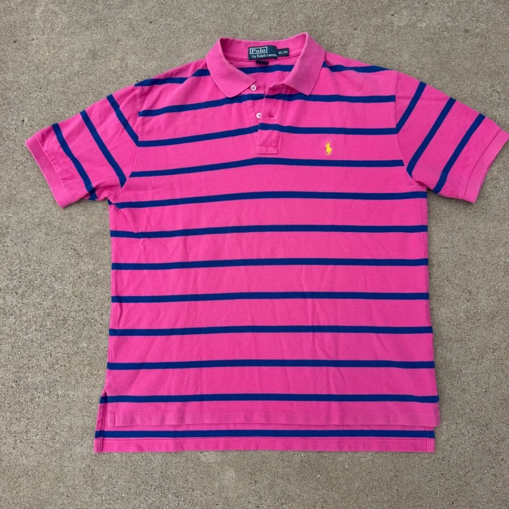 Polo Ralph Lauren Polo Shirt Mens XL Pink Blue Striped Cotton Preppy Classic